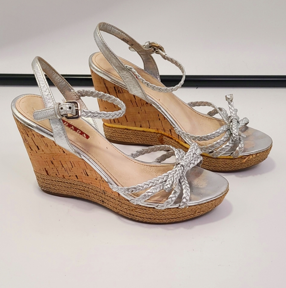 Prada silver leather strappy Wedge heel with Cork Heel peep toe size‎ 38